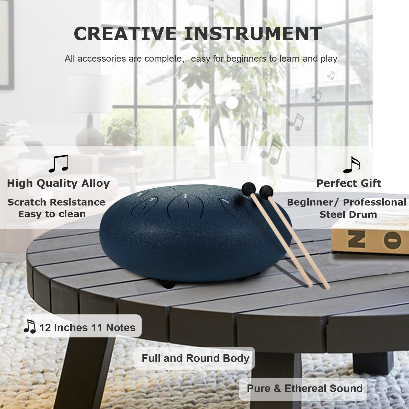 Ranch Steel Tongue Drum 12 Inches 11 Notes Handpan Drum C Key Percussion Instrument Hand Drum for Beginners Easy to Learn Tank Drum with Bag, Mallets, Music Book, Note Stickers, Finger Picks - Navy Blue
