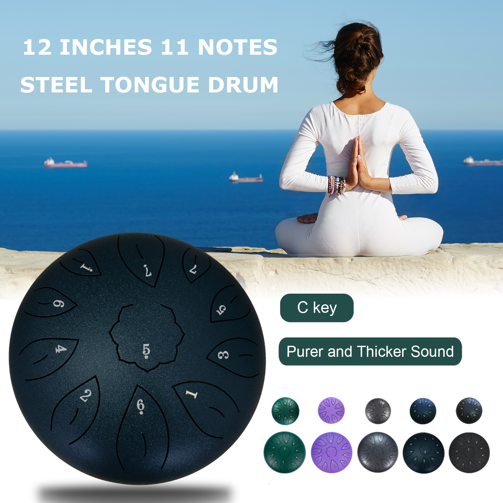 Ranch Steel Tongue Drum 12 Inches 11 Notes Handpan Drum C Key Percussion Instrument Hand Drum for Beginners Easy to Learn Tank Drum with Bag, Mallets, Music Book, Note Stickers, Finger Picks- Navy