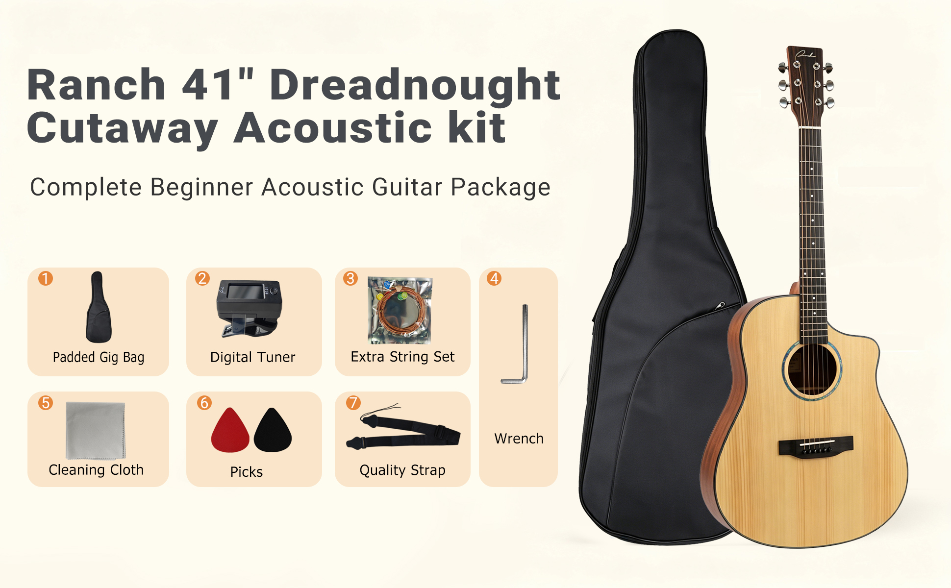 Ranch 41 inch dreadnought cutaway acoustic guitar kit with gig bag tuner and accessories