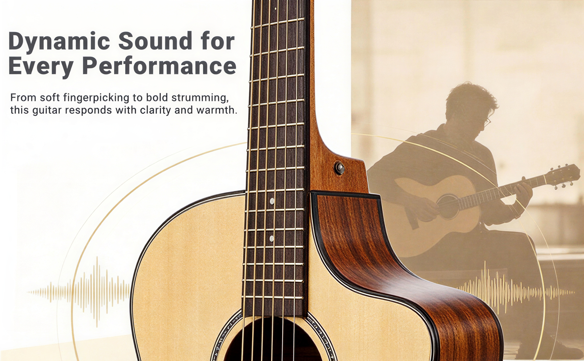 Cutaway acoustic guitar body delivering dynamic clear tone warm sustain for performance