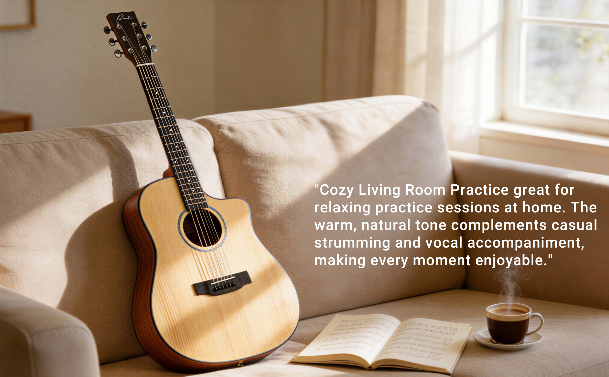 Ranch acoustic guitar resting on living room sofa with music sheet for cozy practice