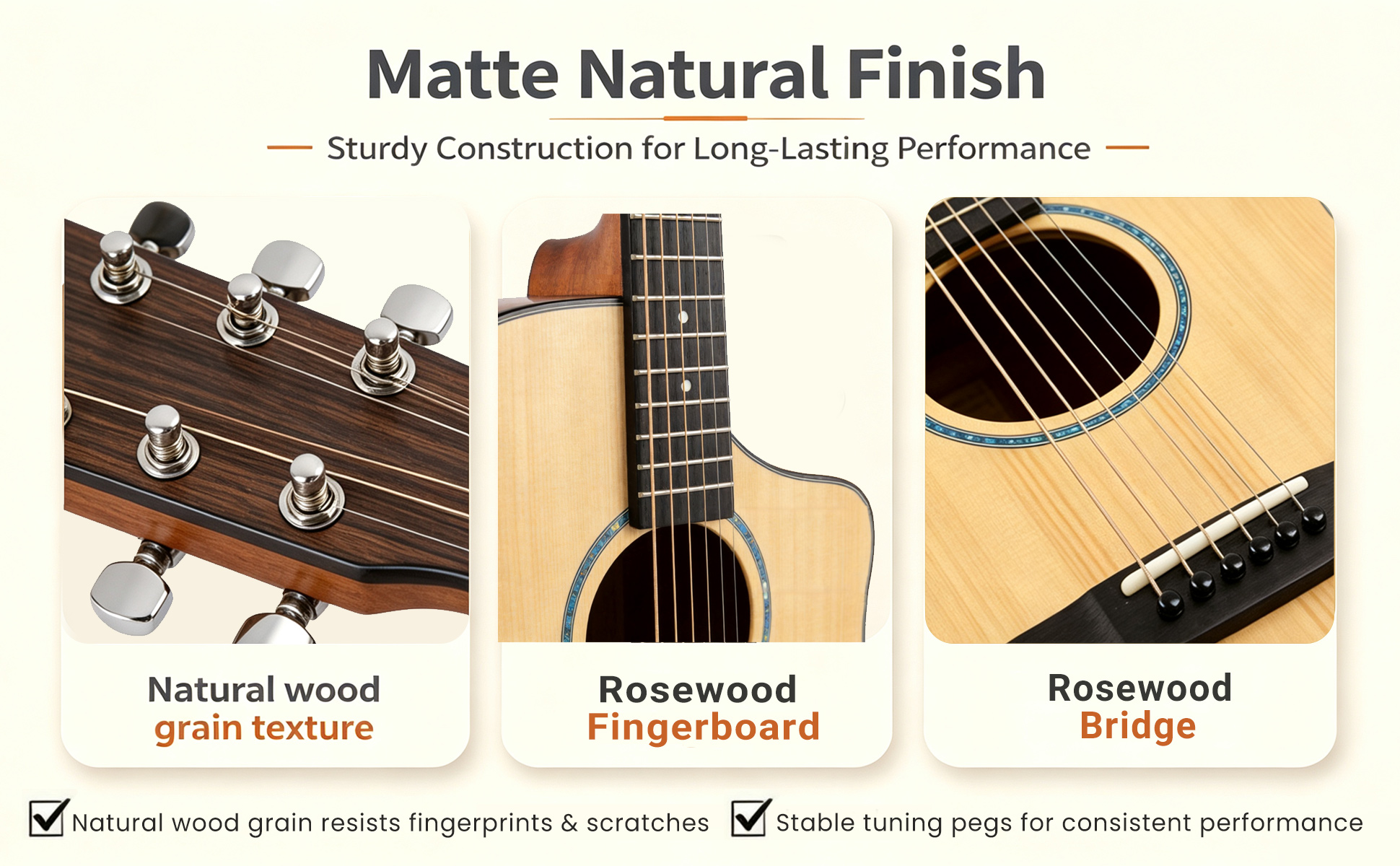 Matte natural finish acoustic guitar with rosewood fingerboard bridge and tuning pegs