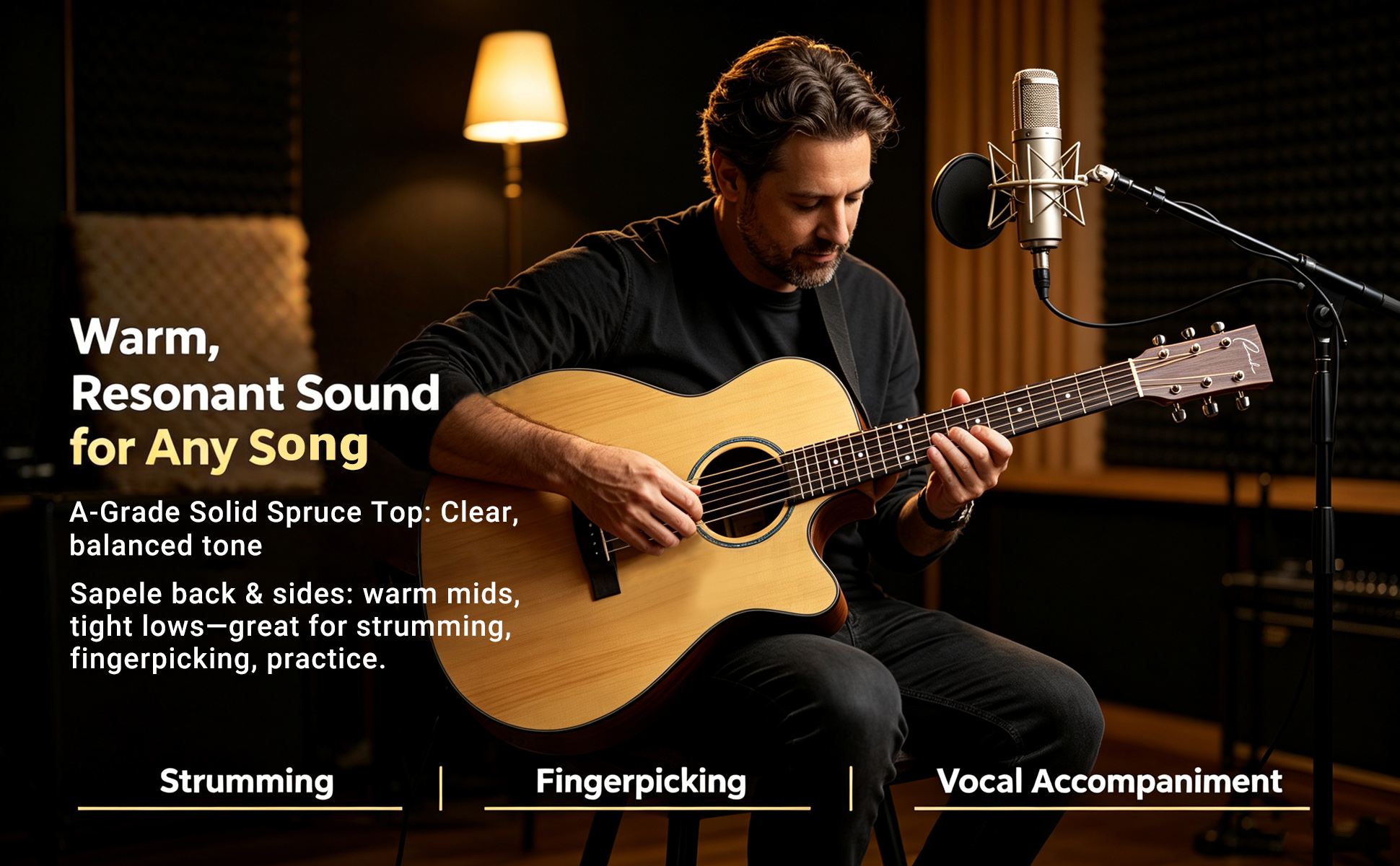 Solid spruce top acoustic guitar played in recording studio for clear balanced sound
