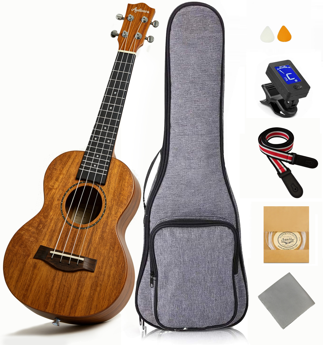 Audivara 23 inch concert ukulele bundle with gig bag, tuner, strap, and strings