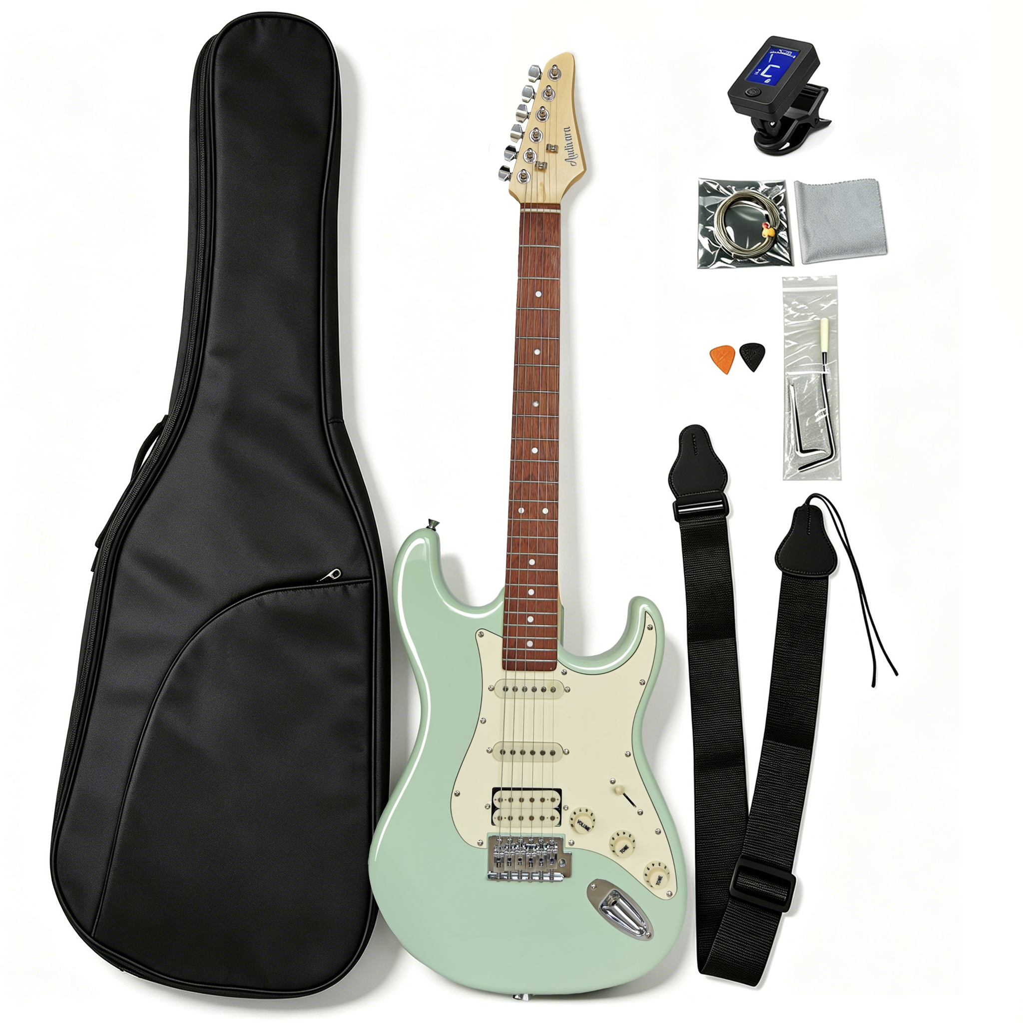 Audivara 39 inch mint green ST electric guitar starter kit with gig bag strap cable and tuner
