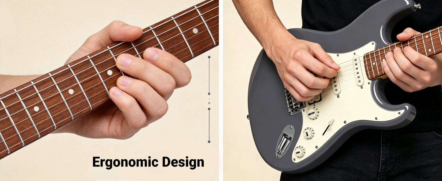 Close up of hands playing gray electric guitar highlighting ergonomic design