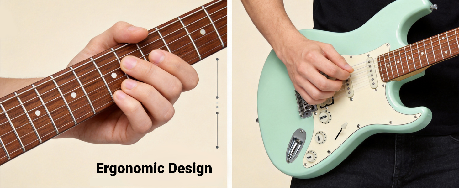 Ergonomic neck profile and body design of Audivara guitar for easy playability.
