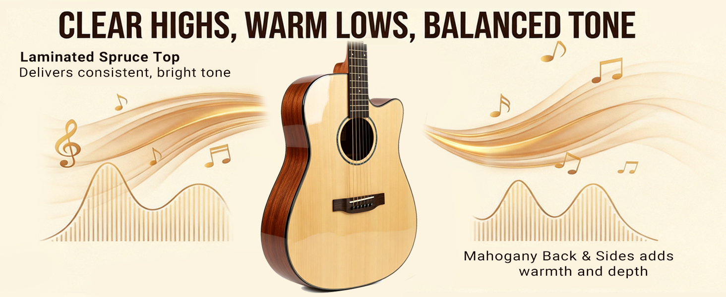 Audivara acoustic guitar sound analysis highlighting a laminated spruce top for consistent bright tone and mahogany back and sides for warmth