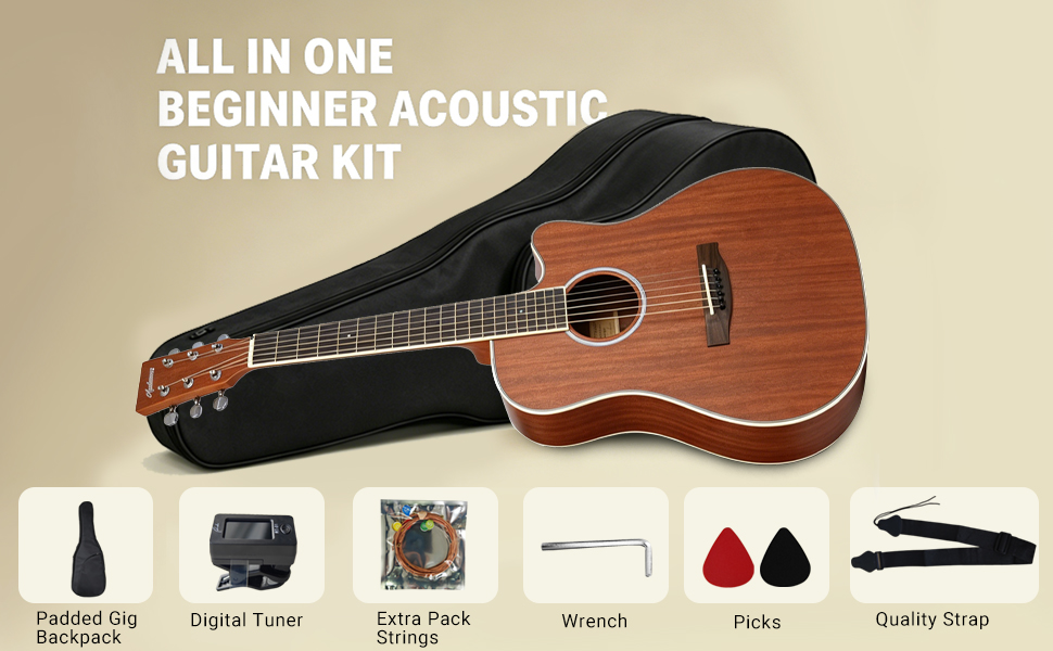 All in one beginner acoustic guitar kit with padded gig bag, tuner, strap and picks