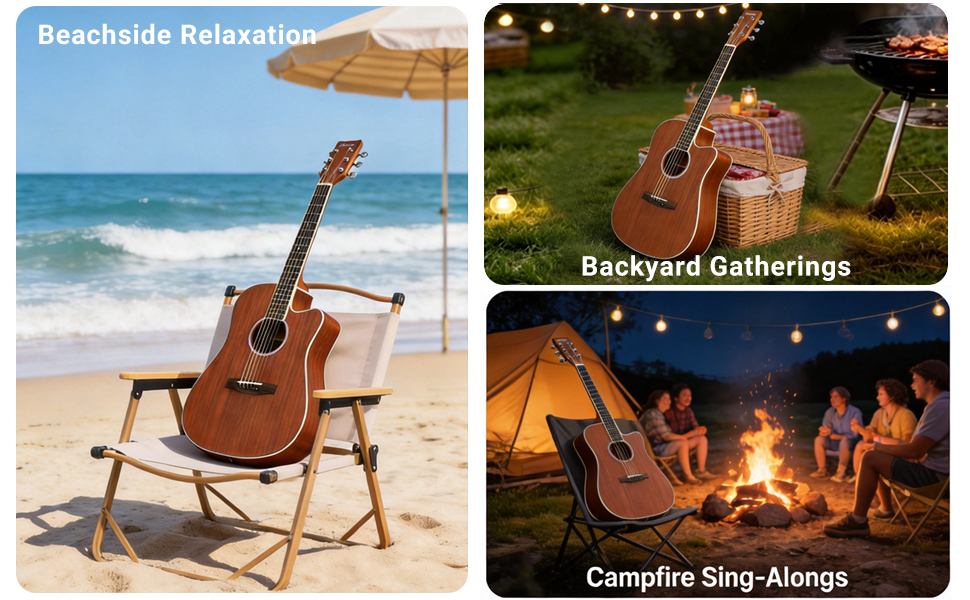 Audivara acoustic guitar for beachside relaxation, backyard gatherings and campfires