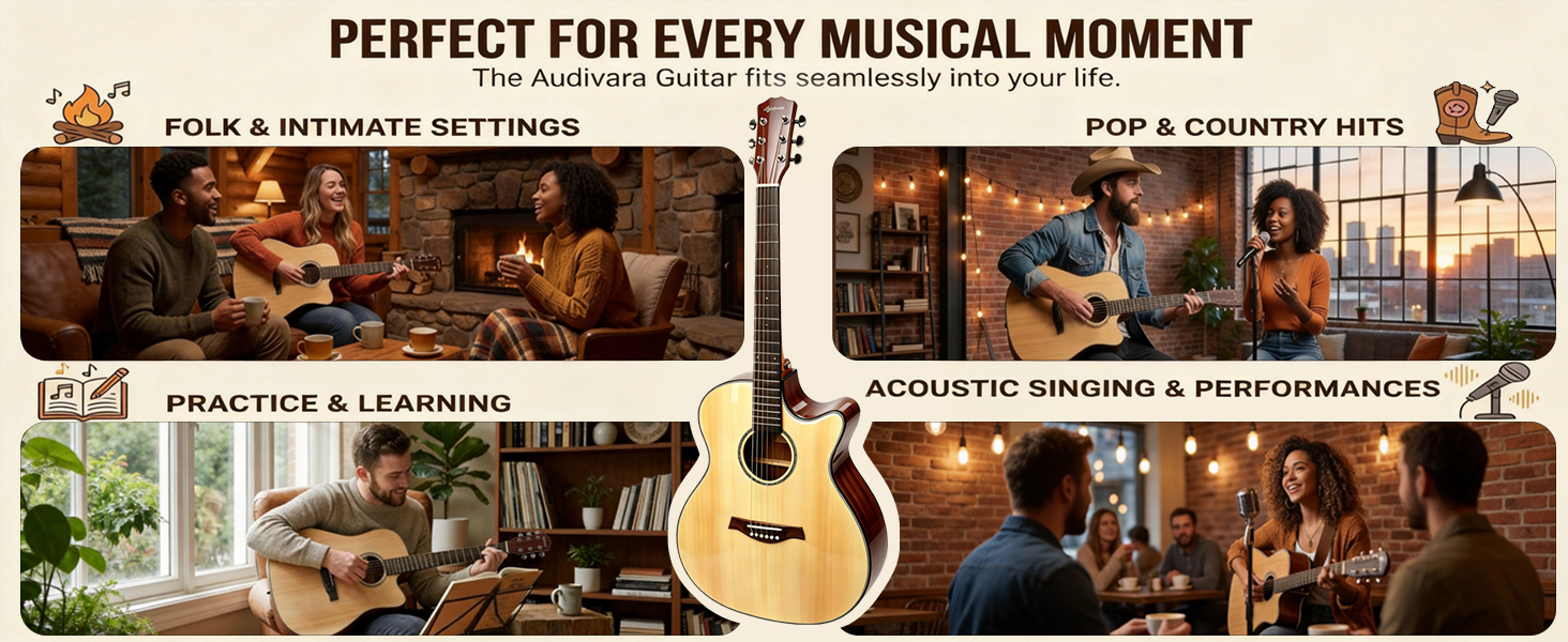 Four lifestyle scenes showing the Audivara guitar being used for practice, learning, folk settings, pop country hits, and live performance