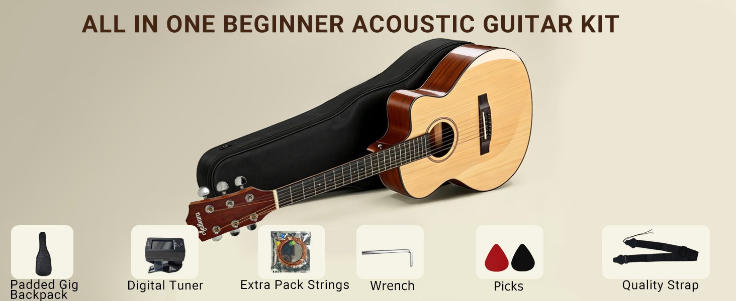Audivara all in one beginner acoustic guitar kit featuring included accessories like a padded gig backpack, digital tuner, extra strings, strap, and picks