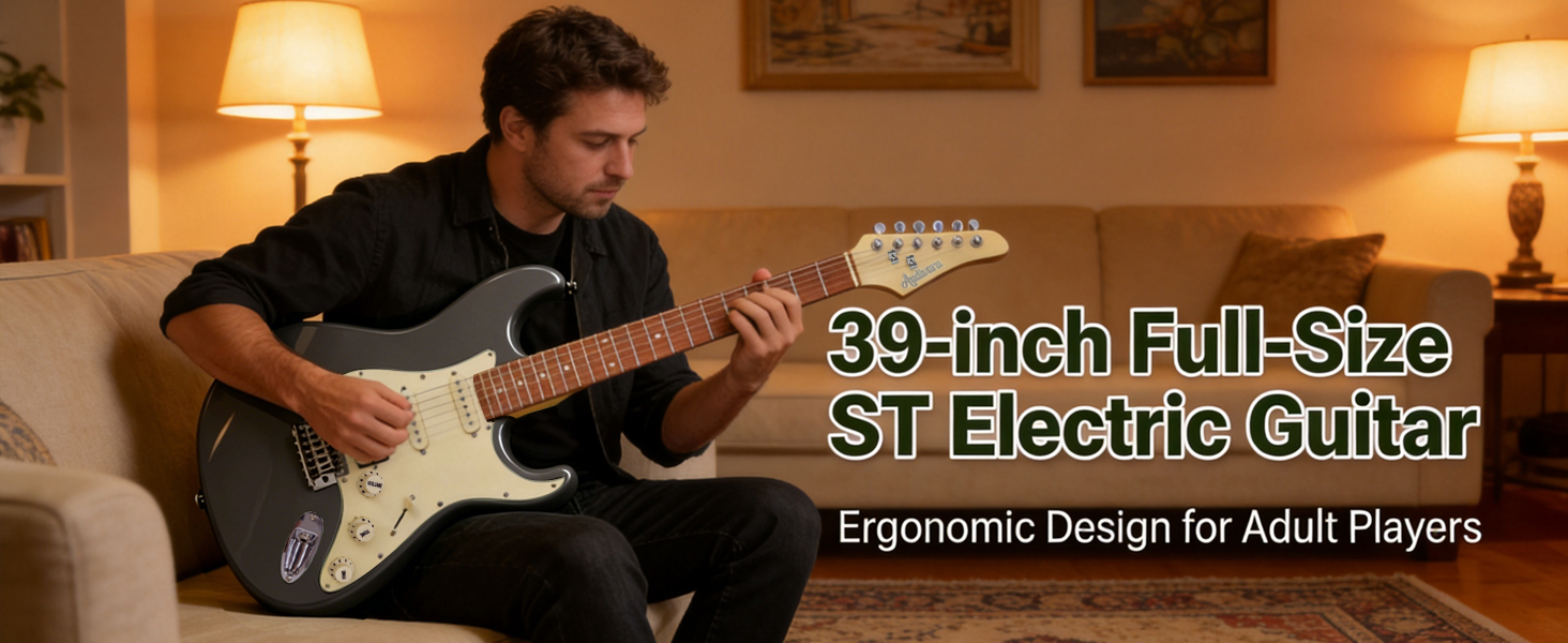 Adult musician playing 39 inch full size ST electric guitar on sofa at home