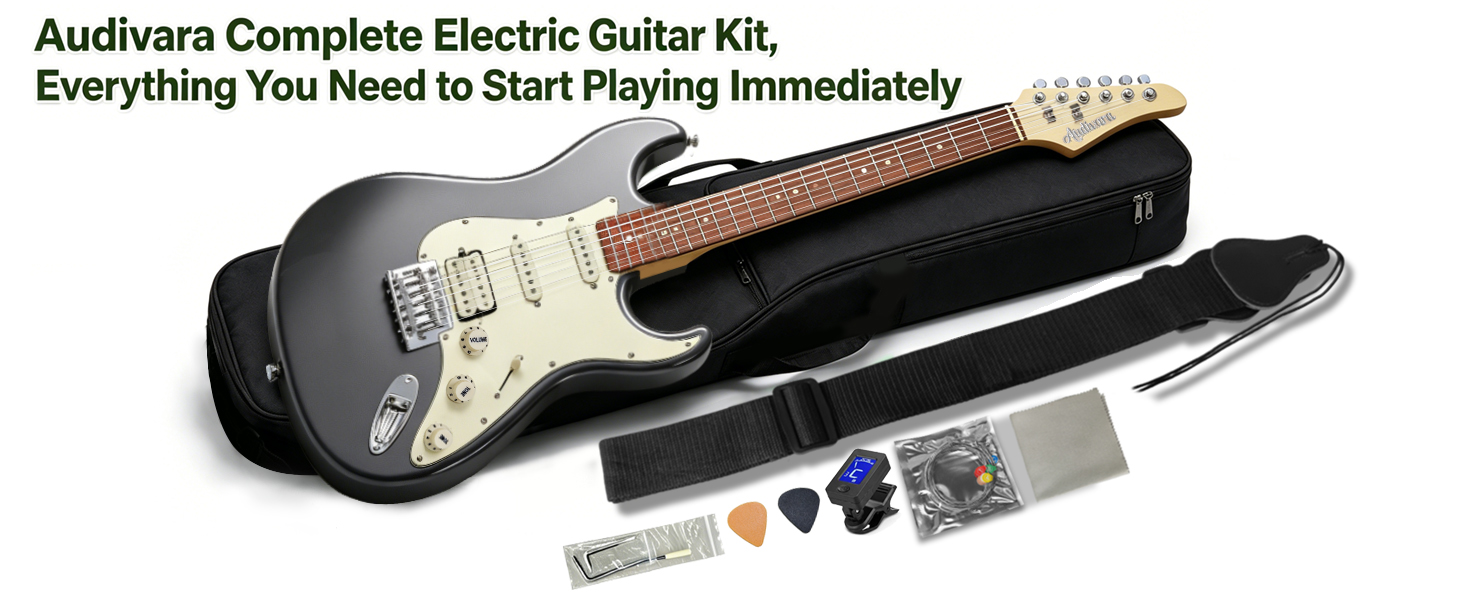 Audivara gray electric guitar complete beginner kit with gig bag and accessories
