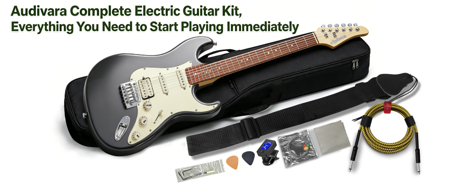Audivara gray electric guitar complete beginner kit with gig bag and accessories