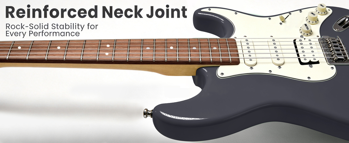 Close up of reinforced neck joint on gray electric guitar with maple neck