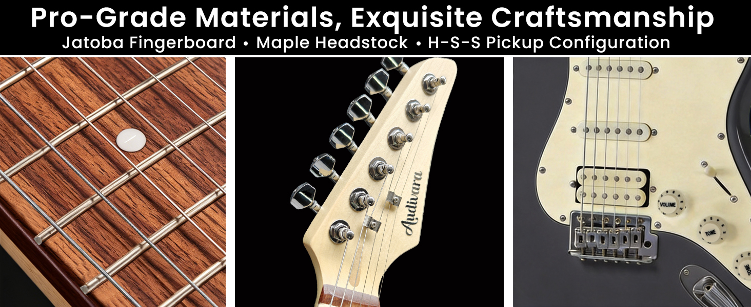 Details of Jatoba fingerboard maple headstock and HSS pickups configuration
