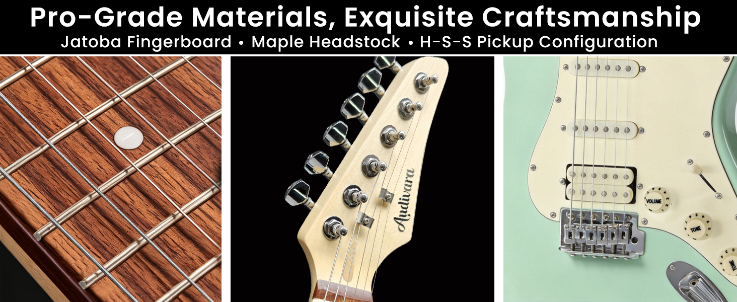 Details of jatoba fingerboard, maple headstock, and HSS pickup configuration