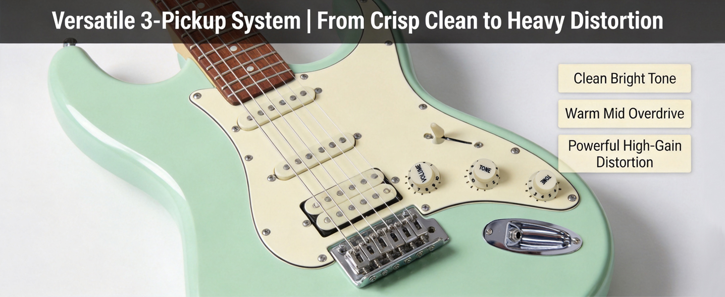 Versatile 3-pickup system on mint green guitar from crisp clean to heavy distortion