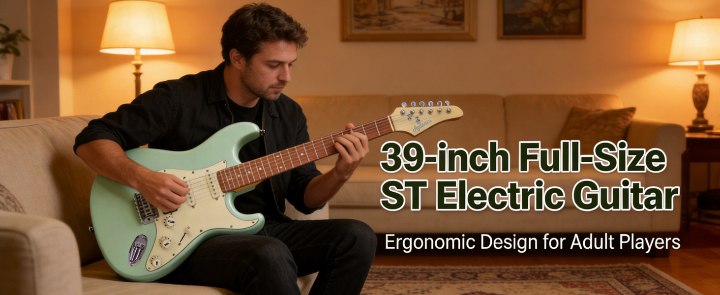 Adult player practicing on Audivara 39-inch full-size ST electric guitar in living room