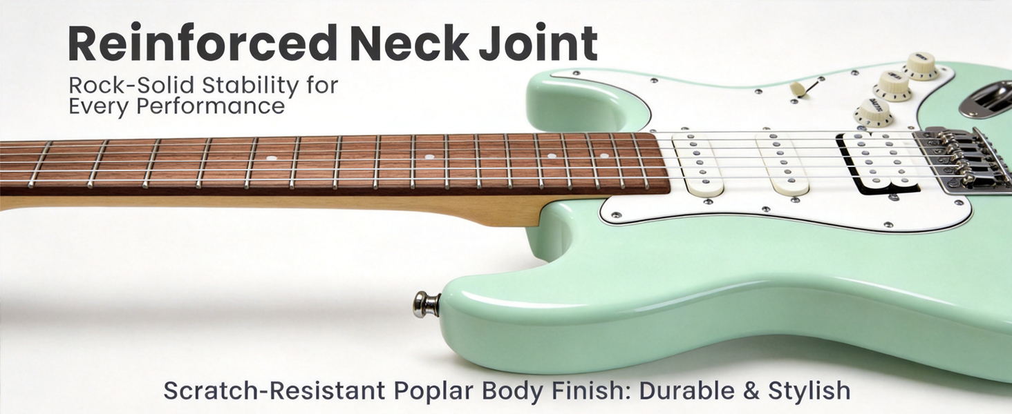 Close-up of reinforced neck joint and scratch-resistant mint green poplar body finish
