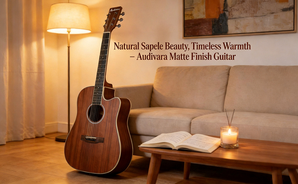 Audivara matte finish Sapele acoustic guitar in a cozy home living room setting