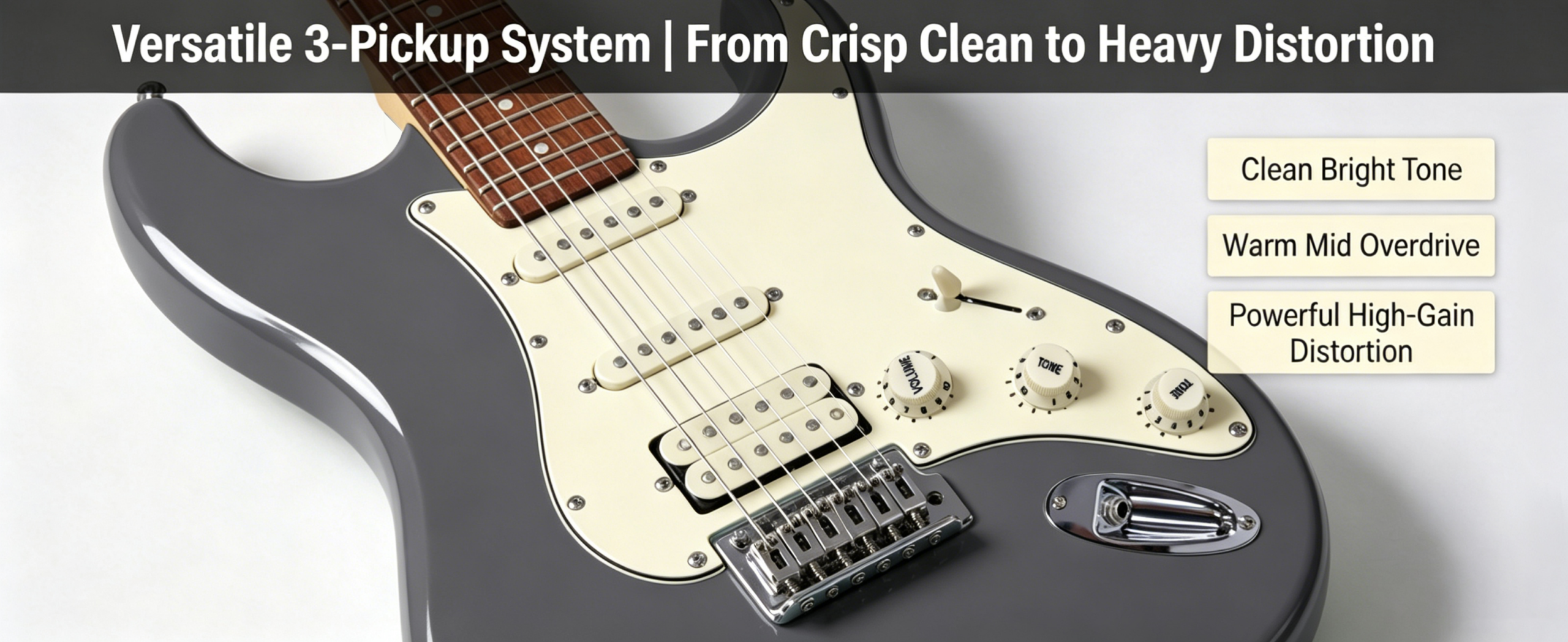 Gray electric guitar body with versatile 3 pickup system for clean bright tone