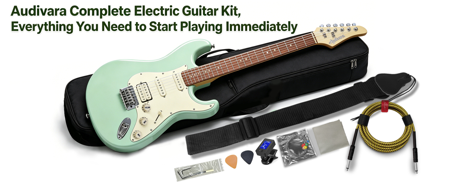 Audivara complete electric guitar starter kit with gig bag, strap, cable, and tuner.