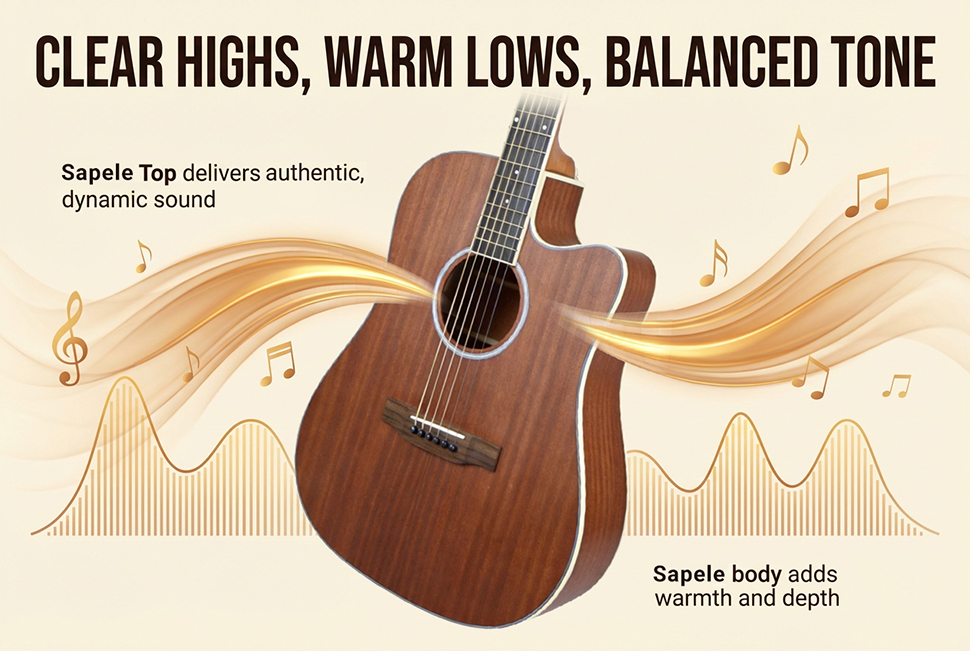 Acoustic sound wave diagram of Audivara Sapele guitar showing balanced tone quality