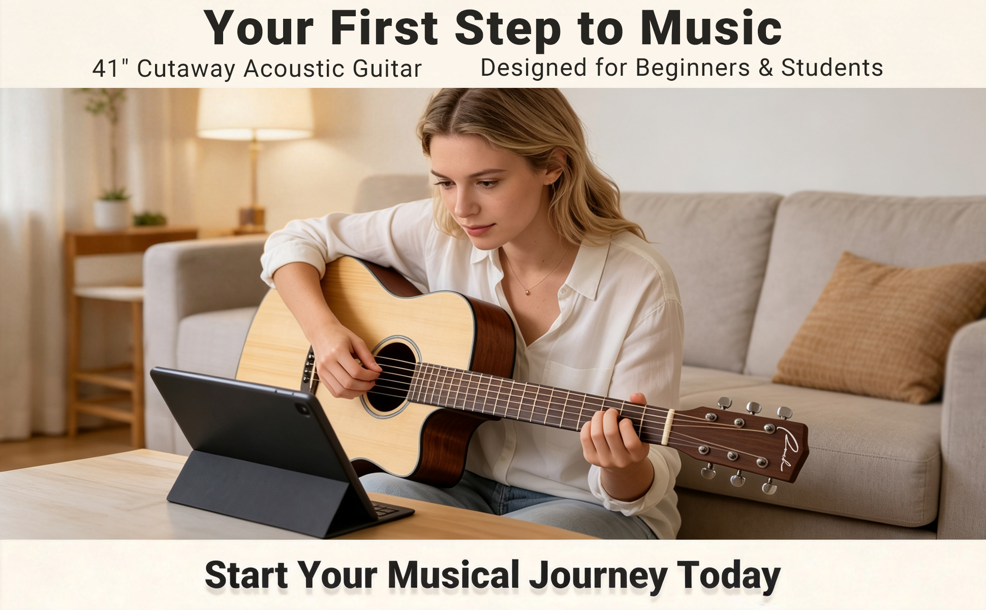 Beginner student learning 41 inch cutaway acoustic guitar with online video lesson at home