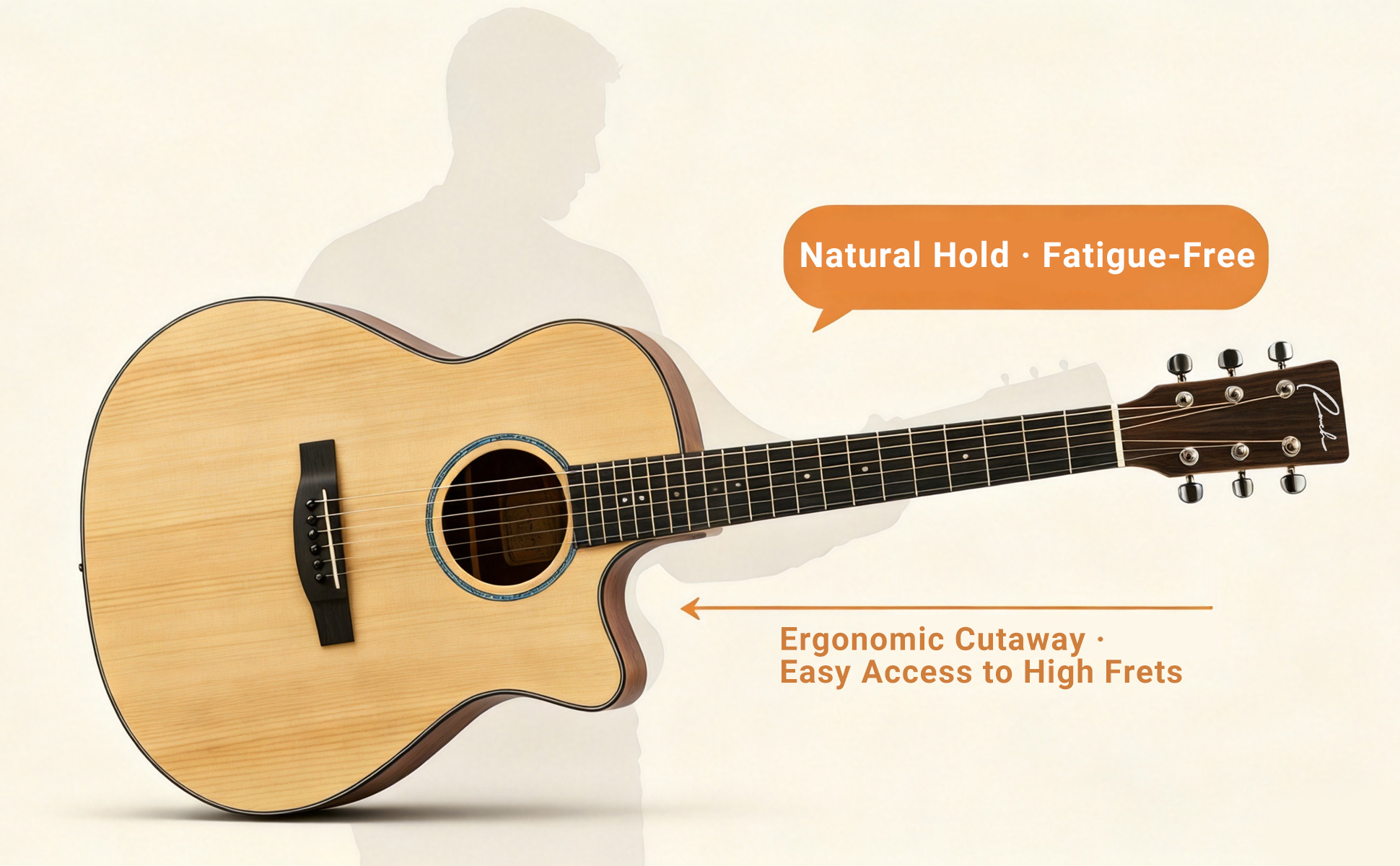 Ergonomic cutaway acoustic guitar body for comfortable hold and easy high fret access