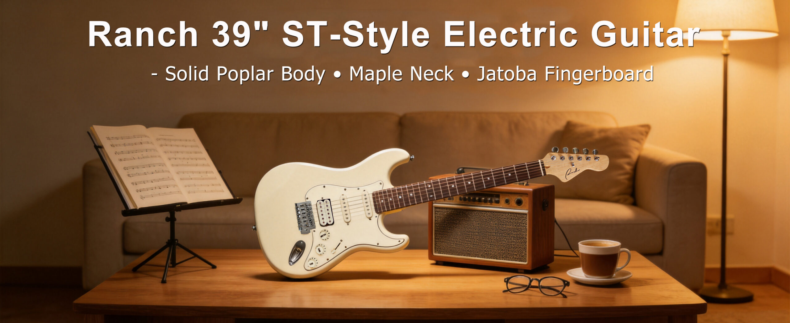 Ranch 39 inch ST style electric guitar displayed with amplifier and music accessories in a warm home setting