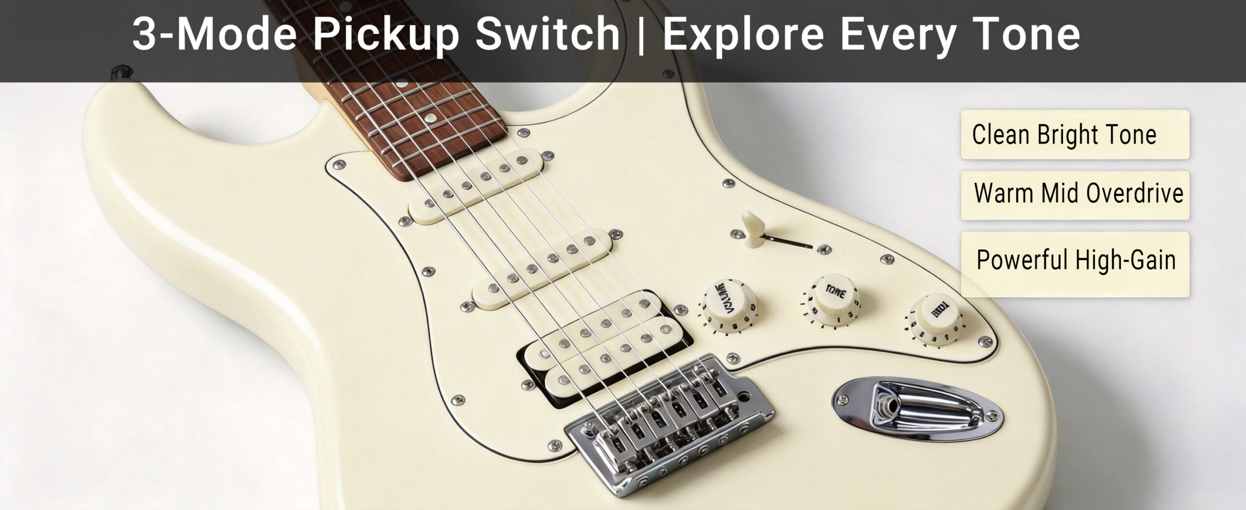 Electric guitar body close up showing HSS pickups, pickup selector switch and multiple tone options