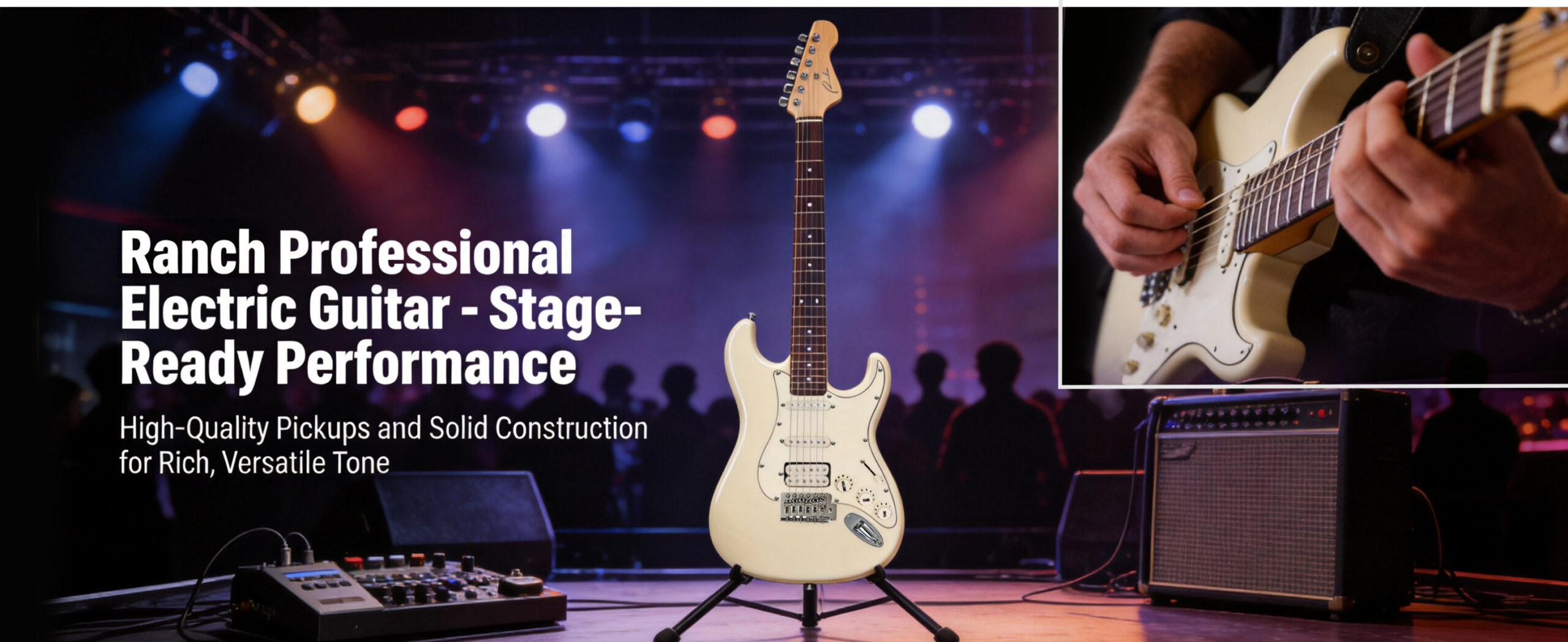 Ranch ST style electric guitar displayed on stage with amplifier for live performance use