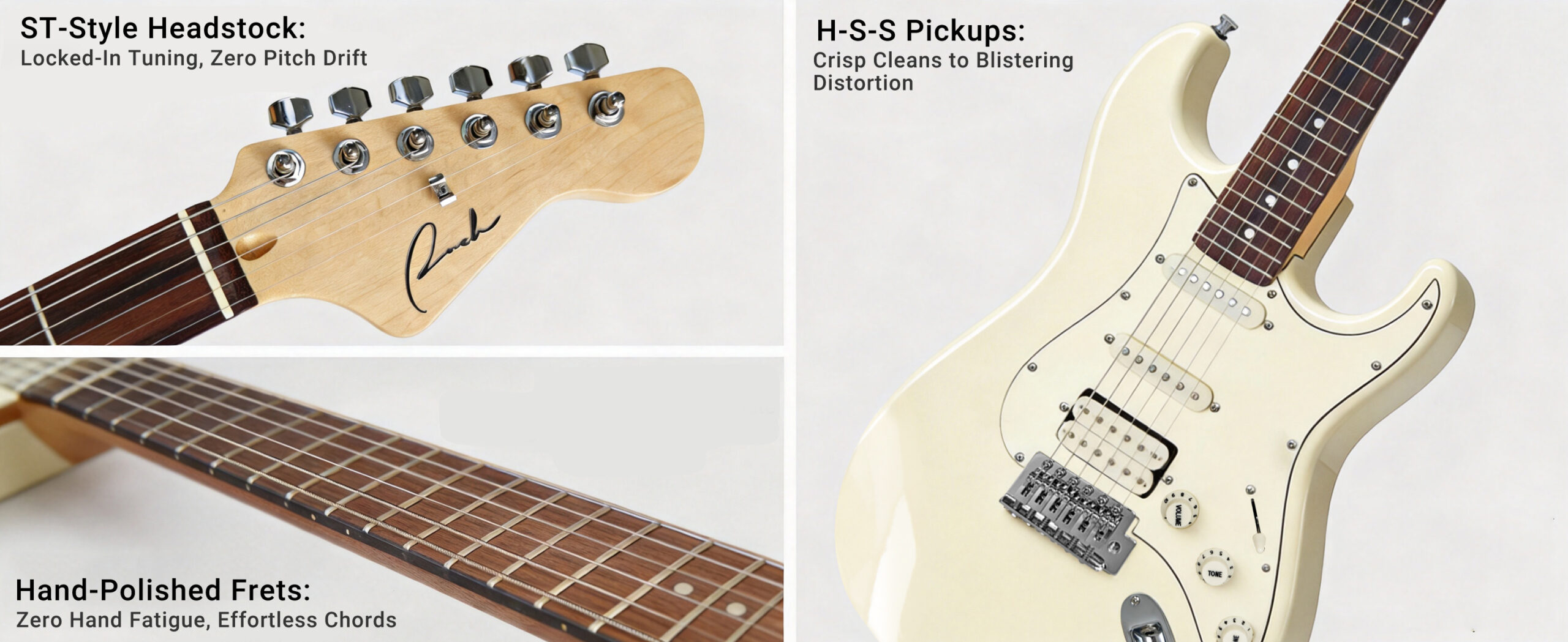 Close up view of ST style guitar headstock, polished frets, maple neck and HSS pickup configuration