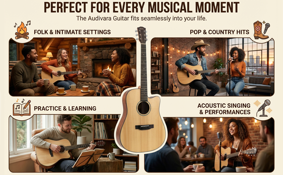 People playing the Audivara acoustic guitar in various scenarios like practicing and outdoor gatherings