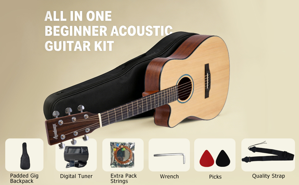All in one beginner acoustic guitar kit complete with padded gig bag, tuner, strap, and strings