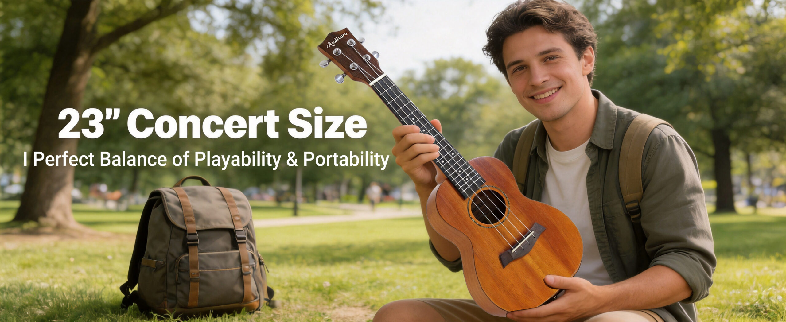Man playing 23 inch concert ukulele in park perfect balance of playability and portability