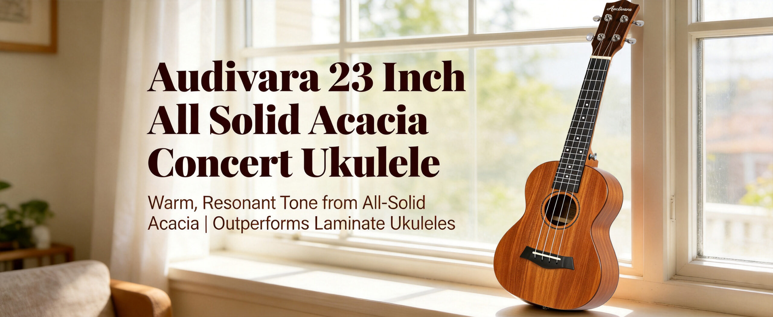 Audivara 23 inch all solid acacia concert ukulele with warm resonant tone outperforms laminate