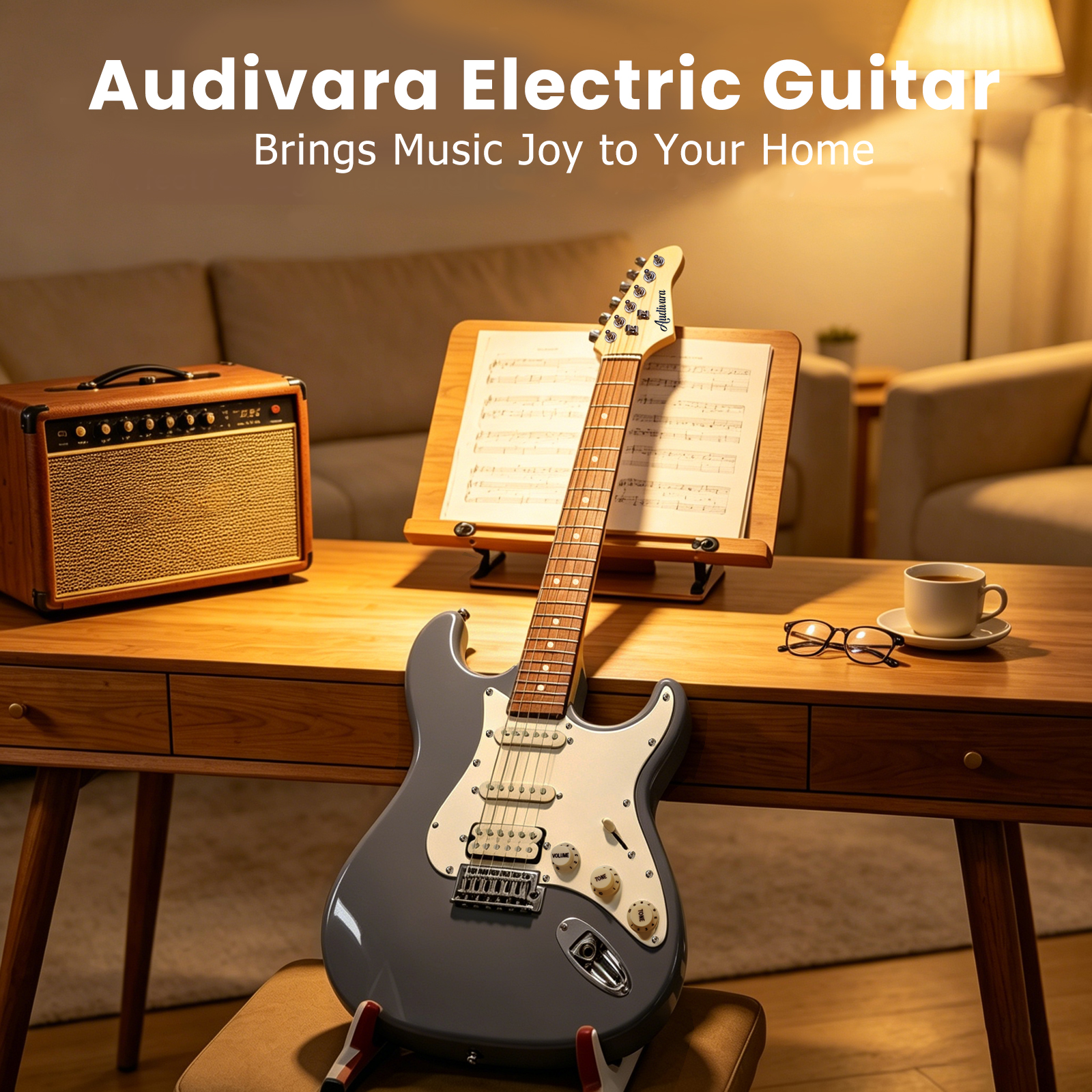 audivara-39-inch-full-size-electric-guitar-navy-home-music-room Audivara full size grey electric guitar on a stand in a warm lit home living room