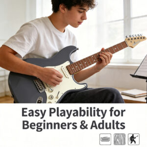 A teenager playing Audivara 39 inch gray ST electric guitar for beginners and adults