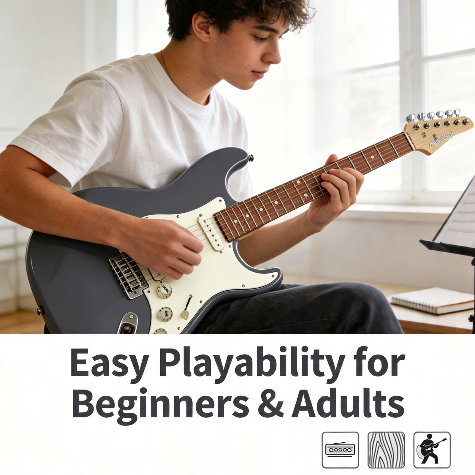 audivara-39-inch-st-electric-guitar-navy-beginner-adult-player A teenager playing Audivara 39 inch gray ST electric guitar for beginners and adults