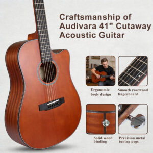 Audivara 41 inch guitar craftsmanship, rosewood fingerboard, and metal tuning pegs