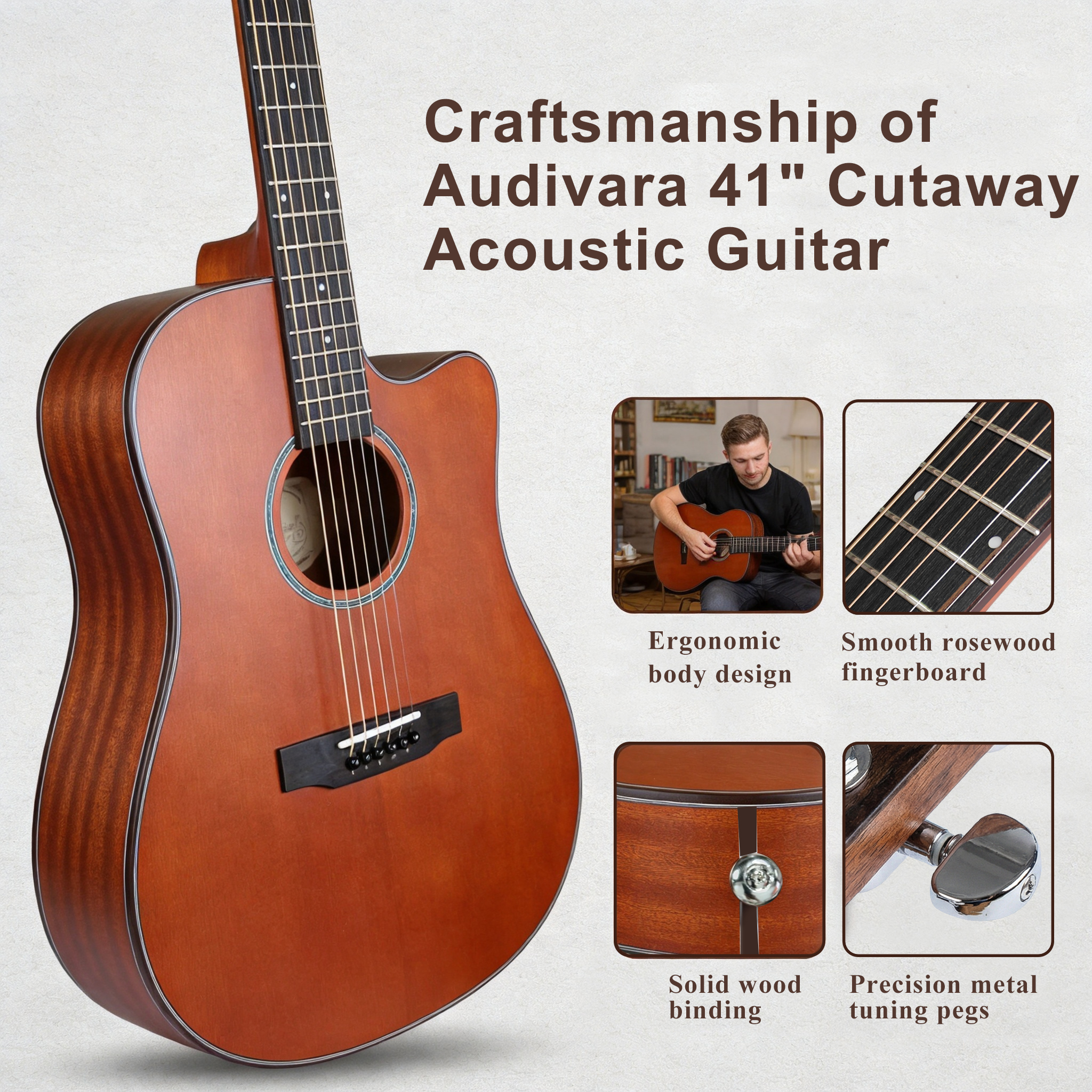 audivara-41-acoustic-guitar-craftsmanship-features-details Audivara 41 inch guitar craftsmanship, rosewood fingerboard, and metal tuning pegs