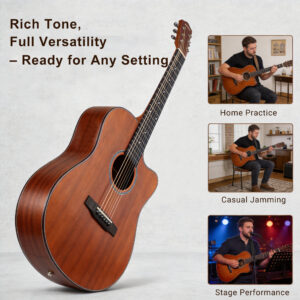 Guitarist playing Audivara cutaway guitar for home practice and stage performance