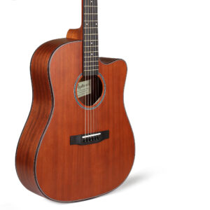 Isolated Audivara 41 inch dreadnought cutaway acoustic guitar on white background