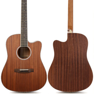 Side by side front and back view of Audivara 41 inch dreadnought Sapele acoustic guitar