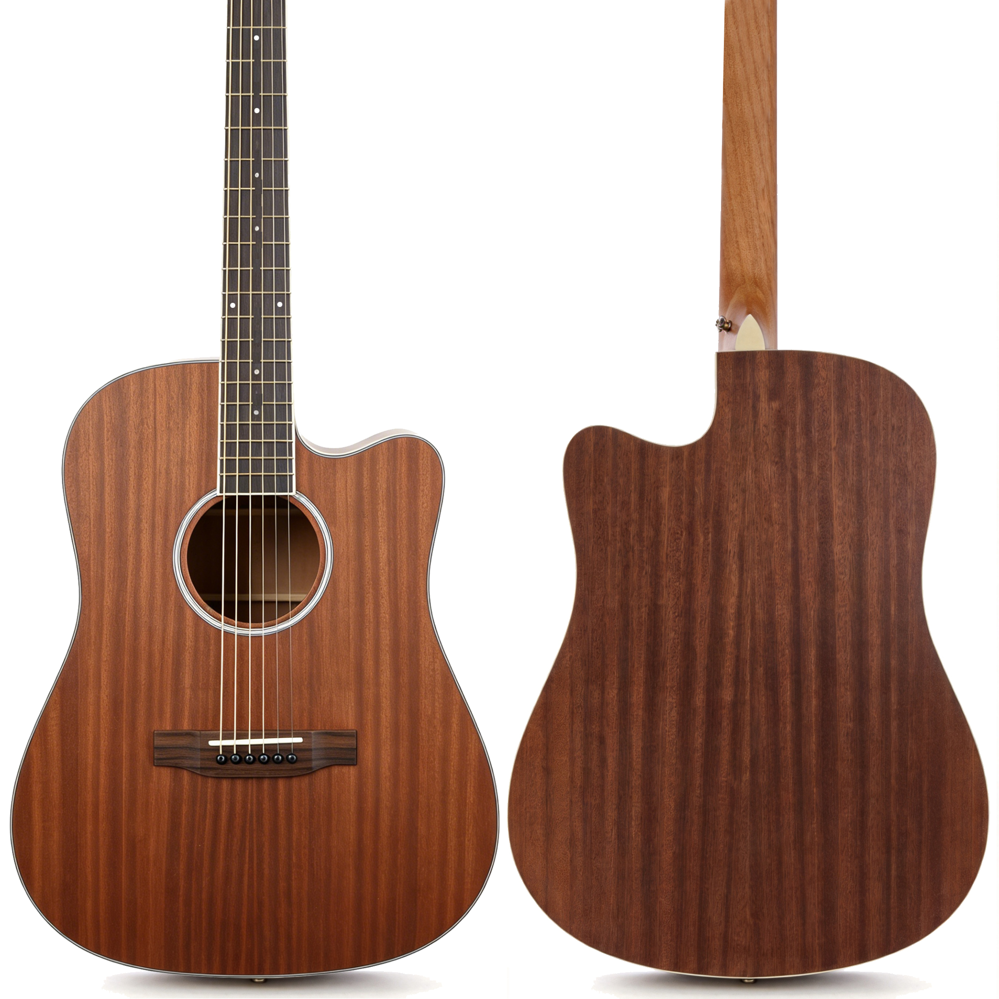 audivara-41-inch-acoustic-guitar-front-and-back-view Side by side front and back view of Audivara 41 inch dreadnought Sapele acoustic guitar