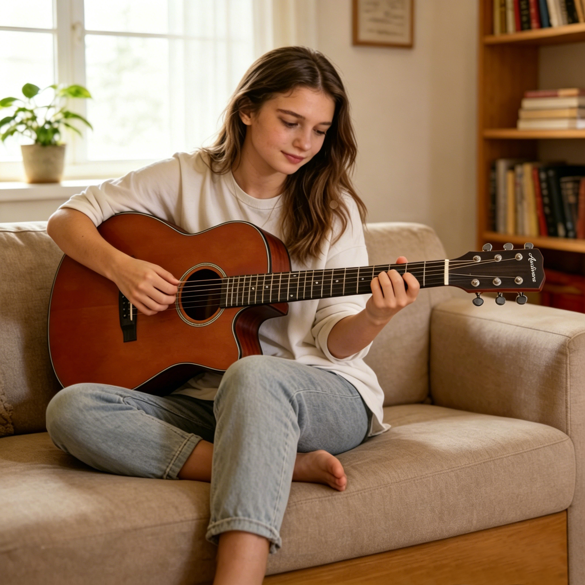 audivara-41-inch-cutaway-acoustic-guitar-lifestyle-playing Woman playing Audivara 41" cutaway acoustic guitar with vintage stained finish