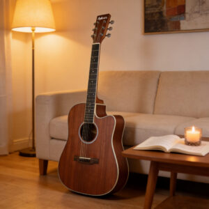 Audivara 41 inch cutaway acoustic guitar leaning on a living room sofa next to music book